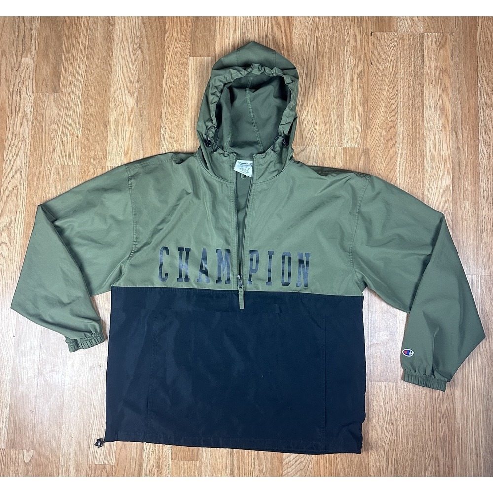 Champion Anorak Pullover Mens L Green‎ Hooded Lightweight Windbreaker Pockets